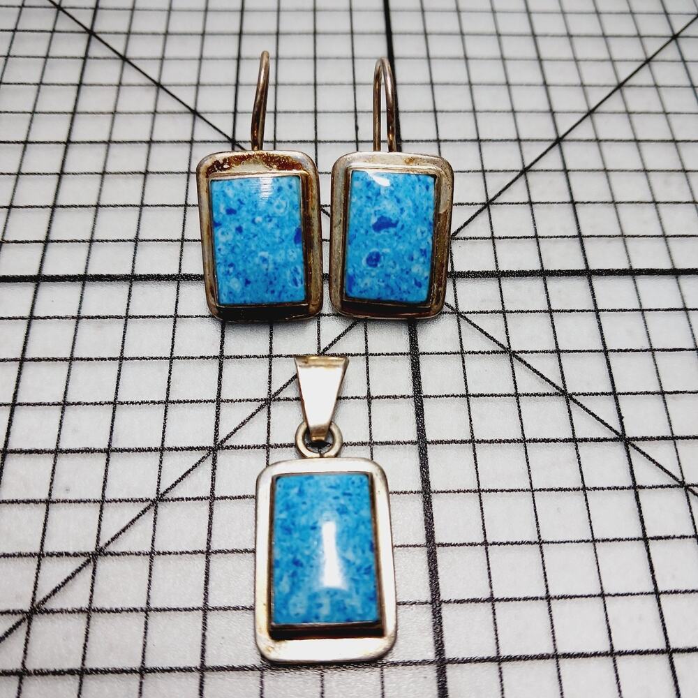 Pendant Earrings Set Drop Hook VTG 925 MEX Sterling Silver Blue Stone Artisan